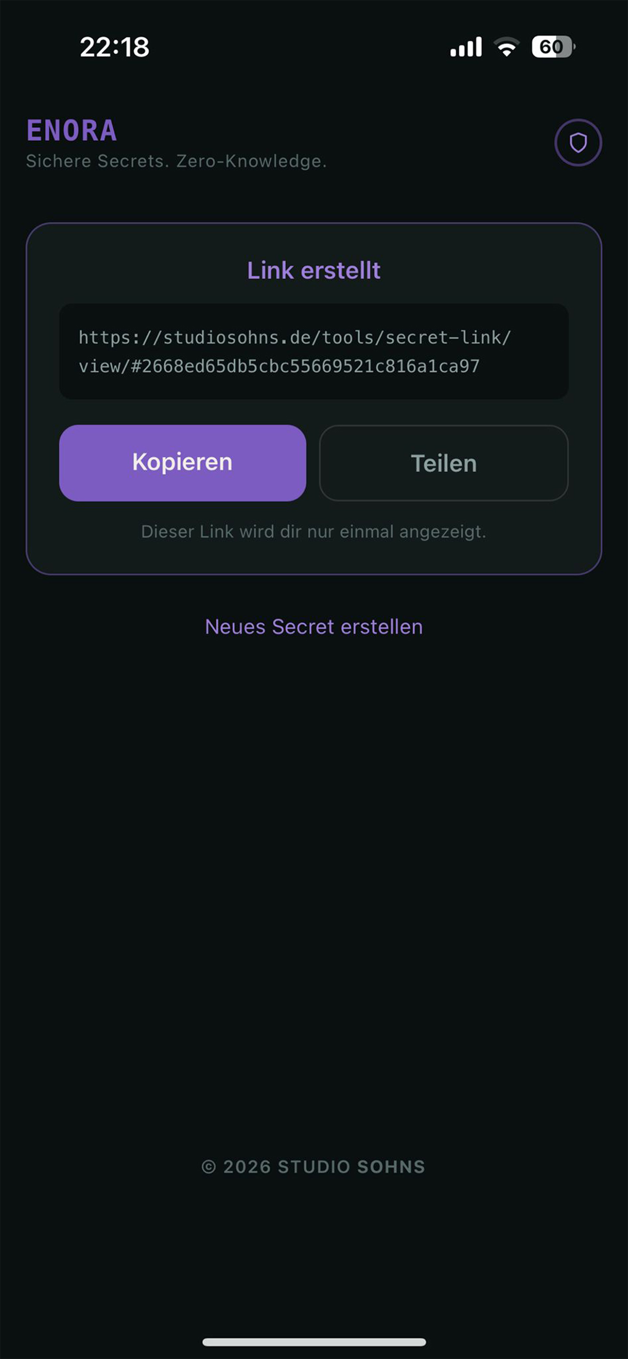 Enora Secret erstellen — Eingabe und Optionen