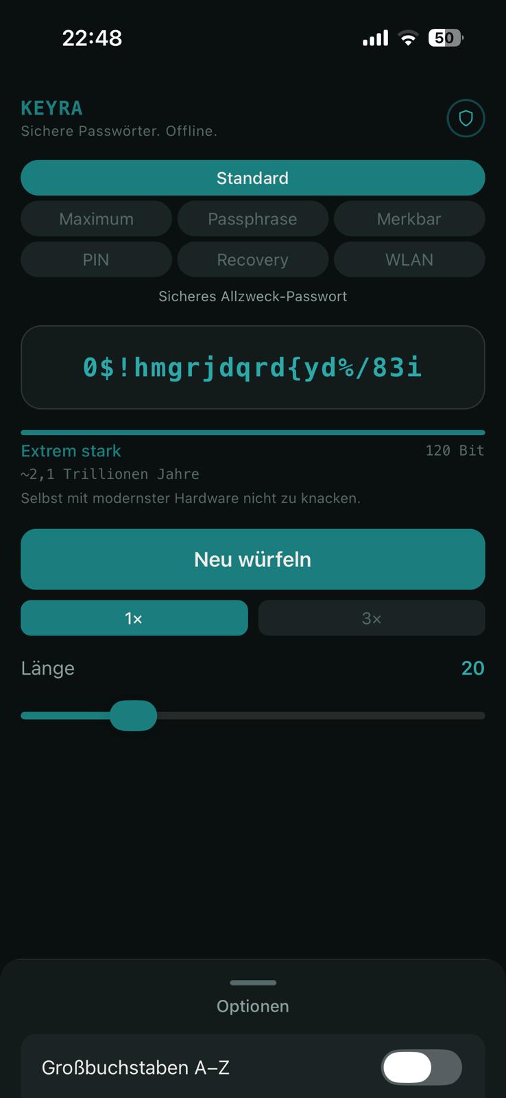 Keyra Standard-Preset: starkes Allzweck-Passwort mit Entropie-Anzeige