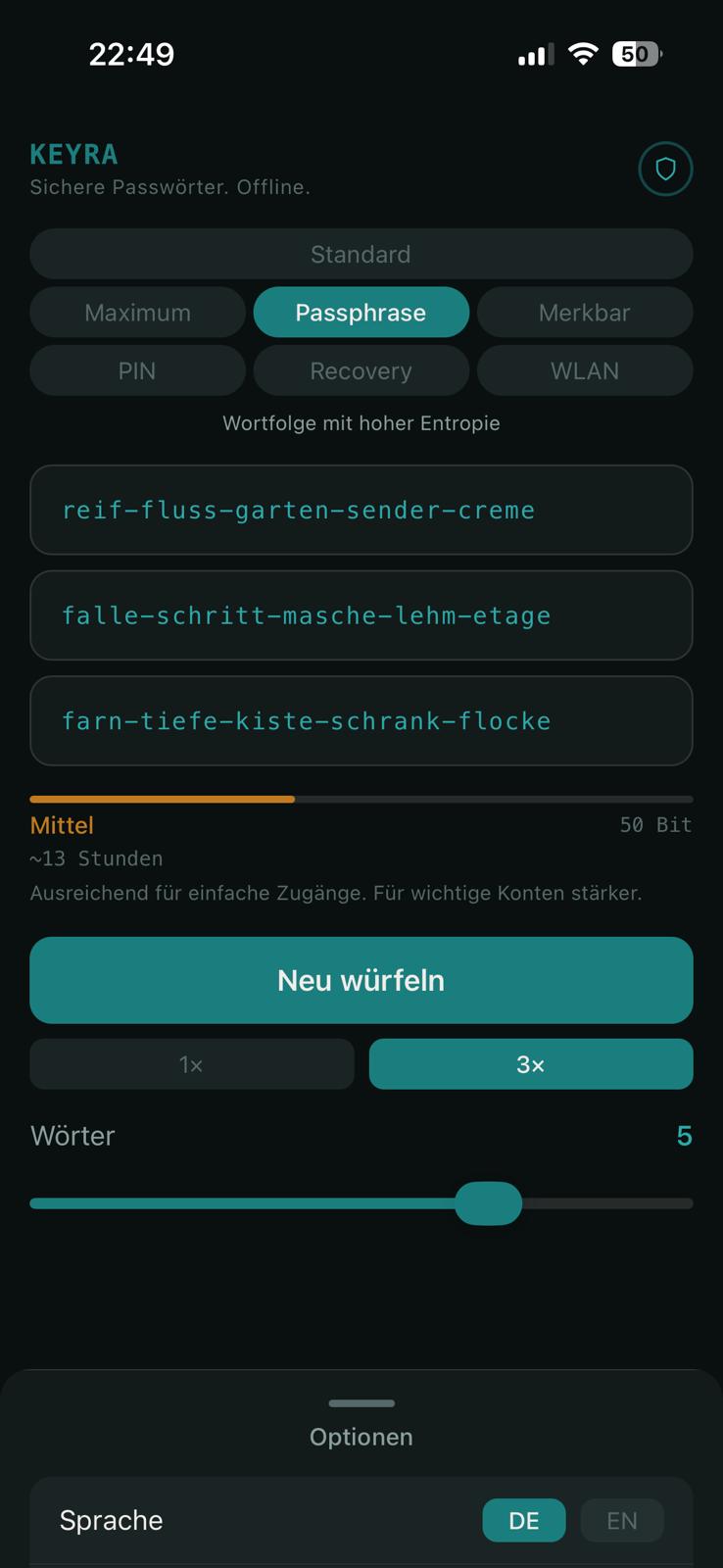 Keyra Passphrase-Preset: drei deutsche Wortfolgen auf einen Blick