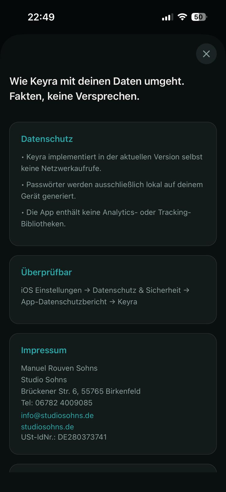 Keyra Trust-Screen: Datenschutz und Impressum